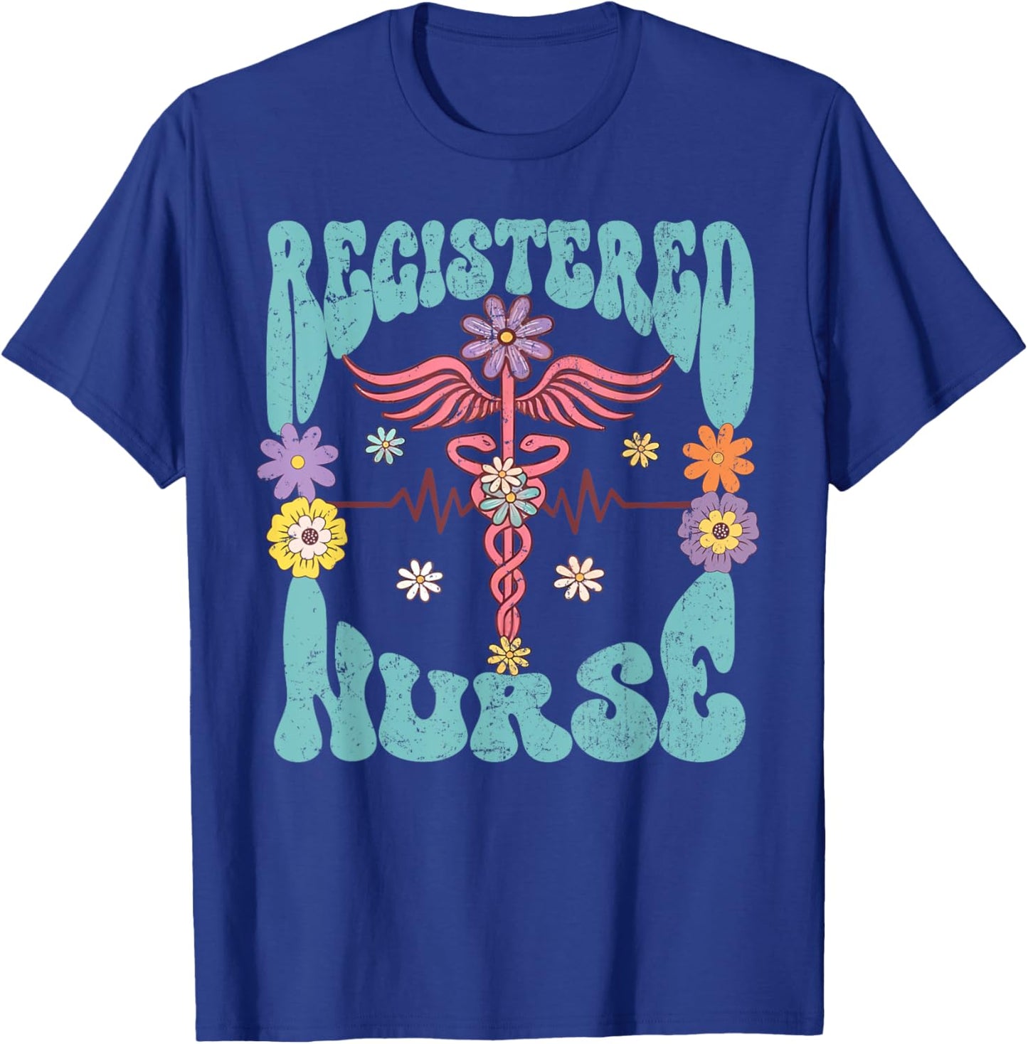 Registered Nurse Retro Groovy Floral RN Nursing Staff Gifts T-Shirt - T-Shirt | Royal