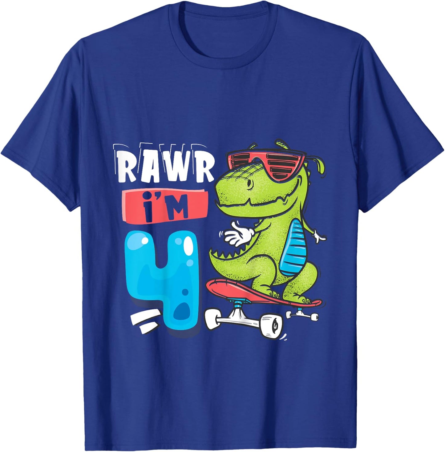 Kids Rawr I'm 4 T Rex Dinosaur Skateboard Boys 4th Birthday Party T-Shirt - T-Shirt | Royal