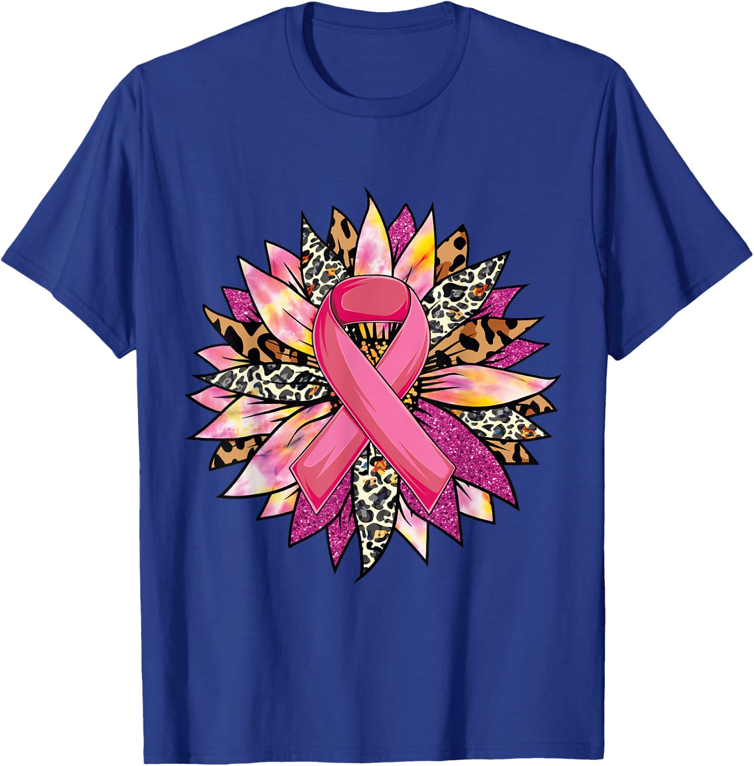 Sunflower Breast Cancer Awareness Leopard Sunflower Ribbon T-Shirt - T-Shirt | Royal