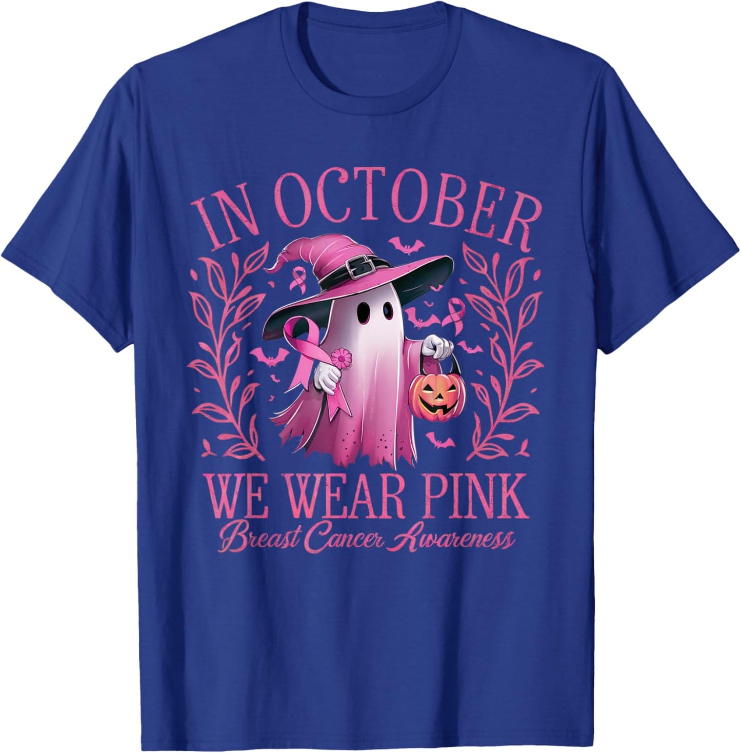 In October We Wear Pink Breast Cancer Awareness Halloween T-Shirt - T-Shirt | Royal