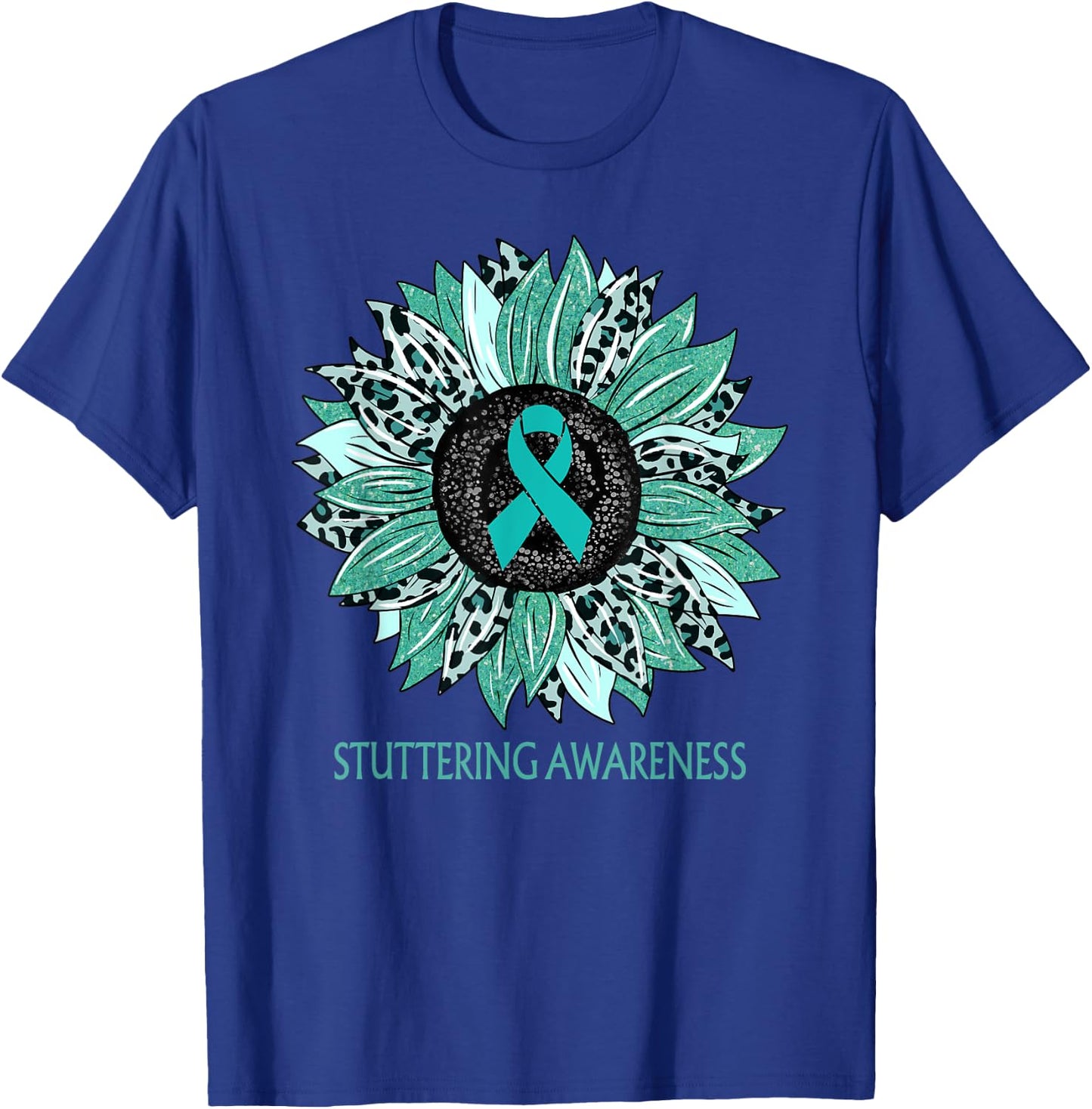 Leopard Sunflower Stuttering Awareness Teal Ribbon T-Shirt - T-Shirt | Royal