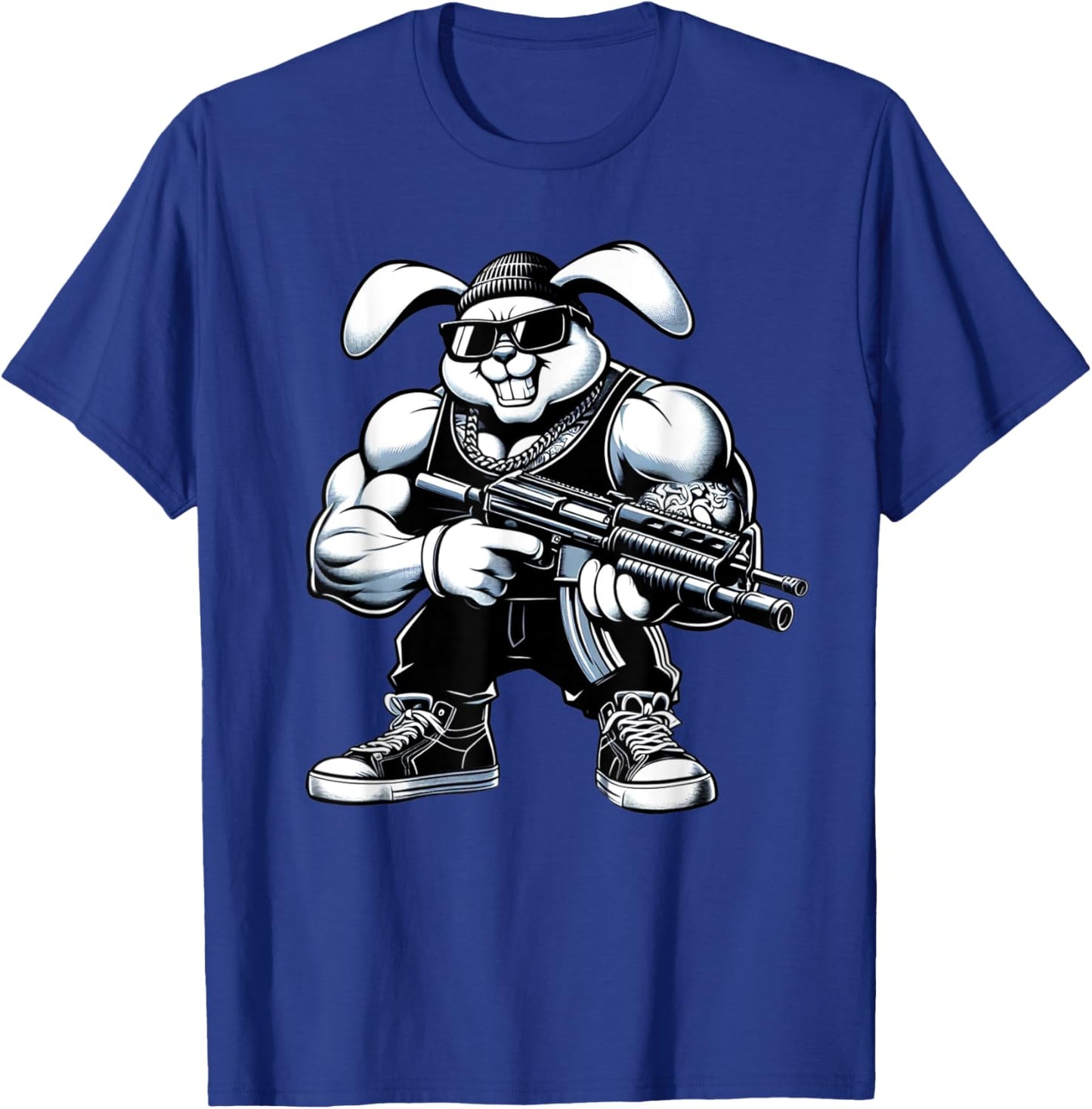 Thug Bunny Holding Gun Muscles Gangster Rabbit Lovers Art T-Shirt - T-Shirt | Royal