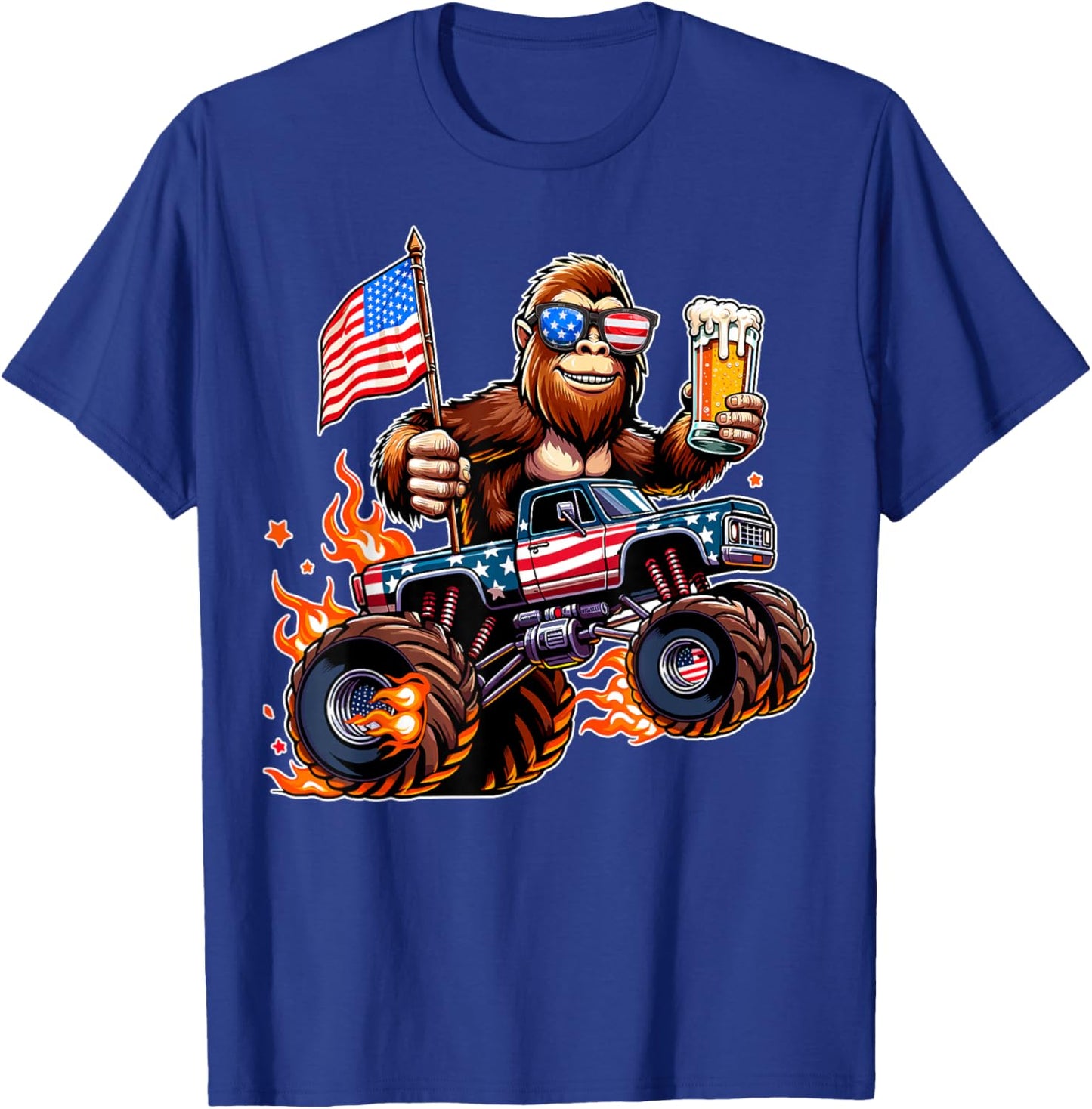 Bigfoot Monster Truck Beer USA Flag 4th of July Sasquatch T-Shirt - T-Shirt | Royal