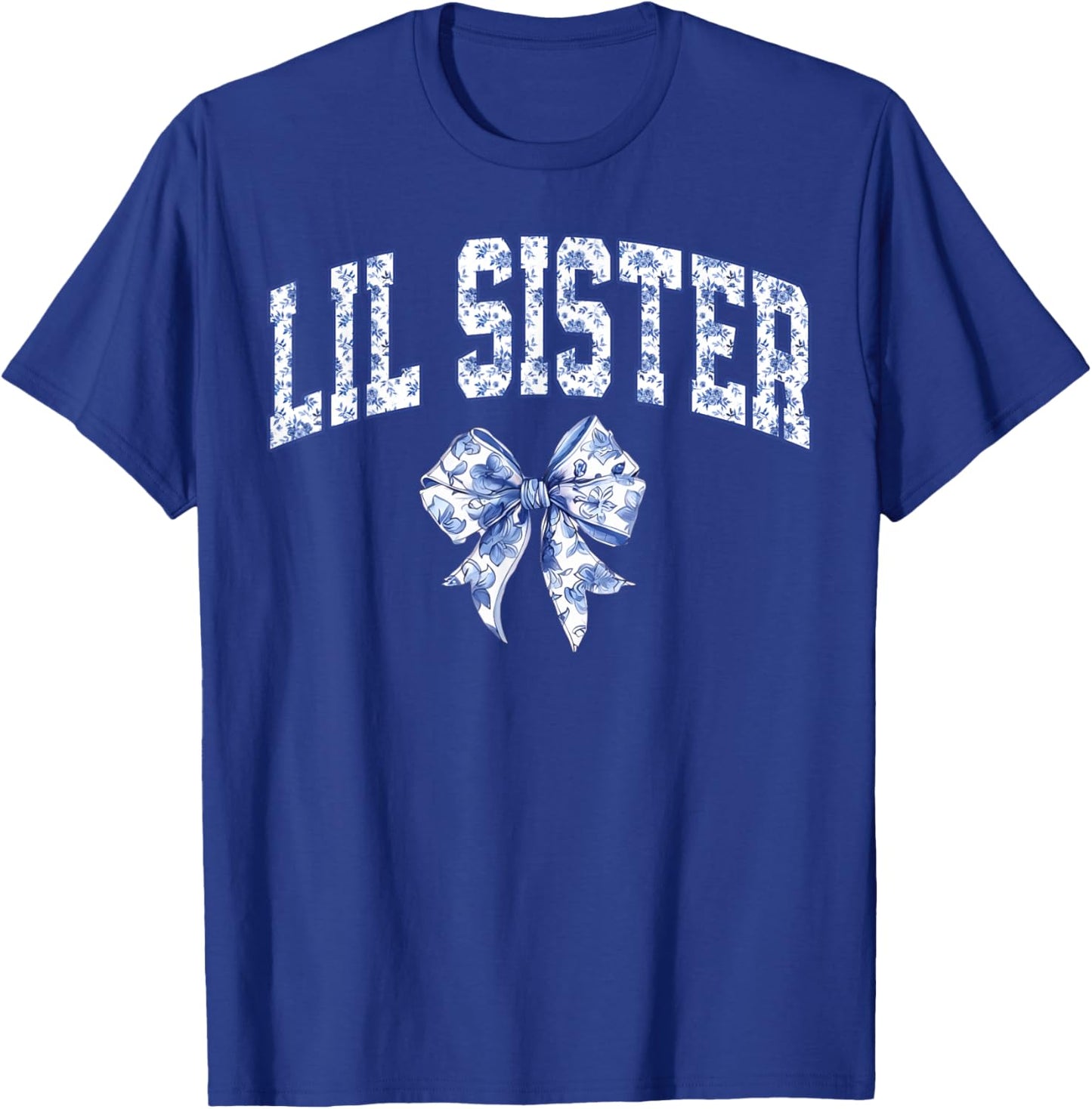 Lil Sister Coquette Toile Blue Bow Floral Family Matching T-Shirt - T-Shirt | Royal