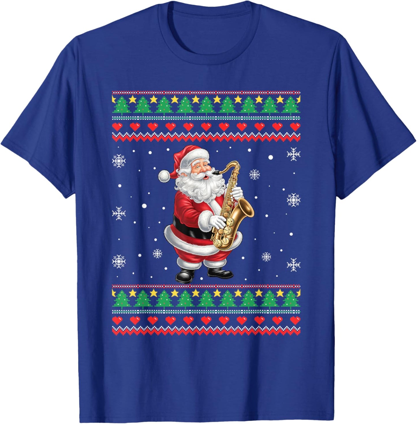 Funny Christmas Santa Saxophone Musician Ugly Xmas Men Women T-Shirt - T-Shirt | Royal