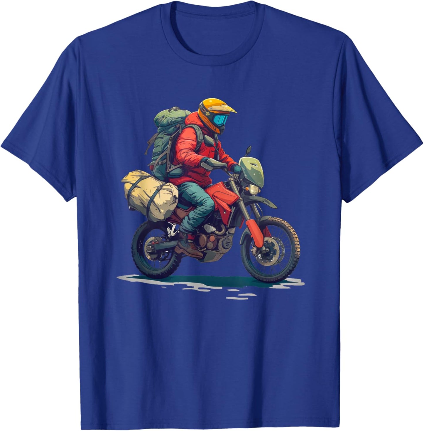 Adventure Motorcycle Rider with Camping Gear T-Shirt - T-Shirt | Royal