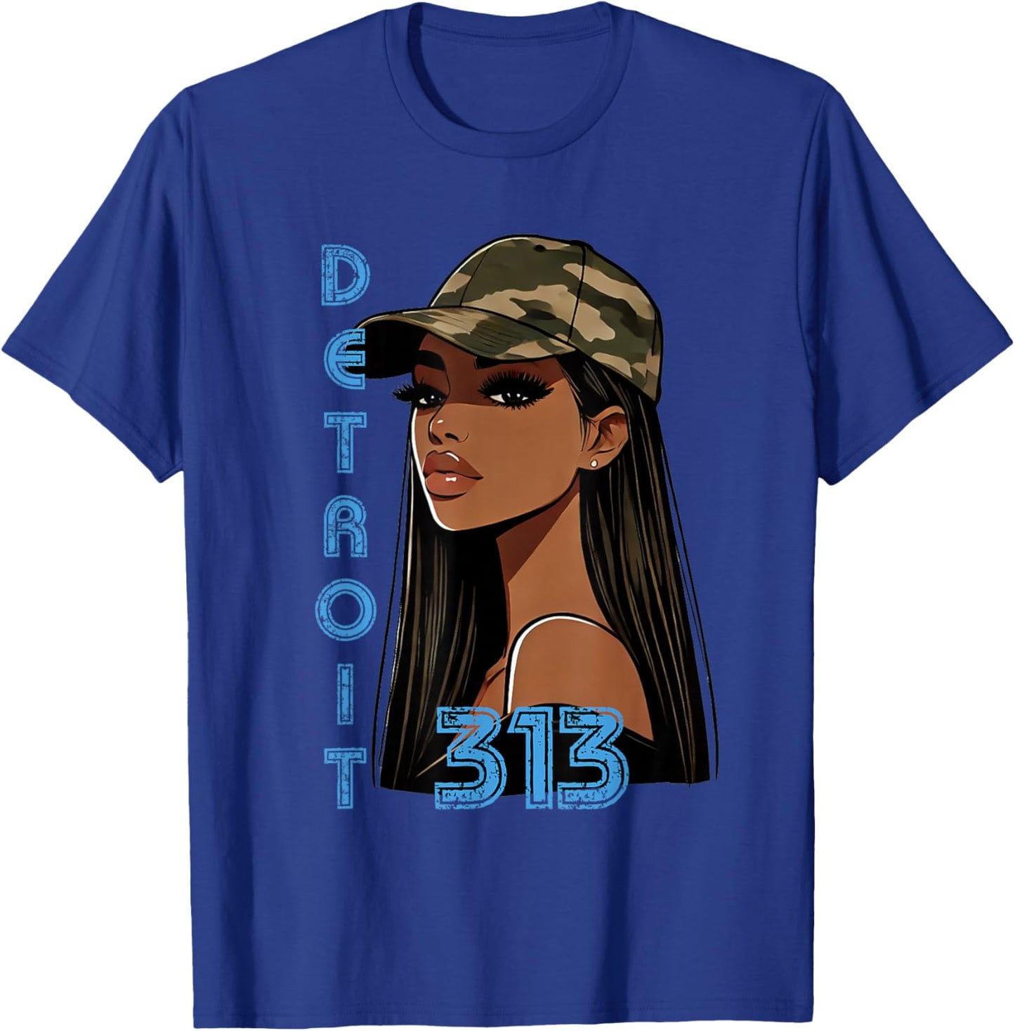 Detroit 313 Black Woman Camo Hat Hometown T-Shirt - T-Shirt | Royal