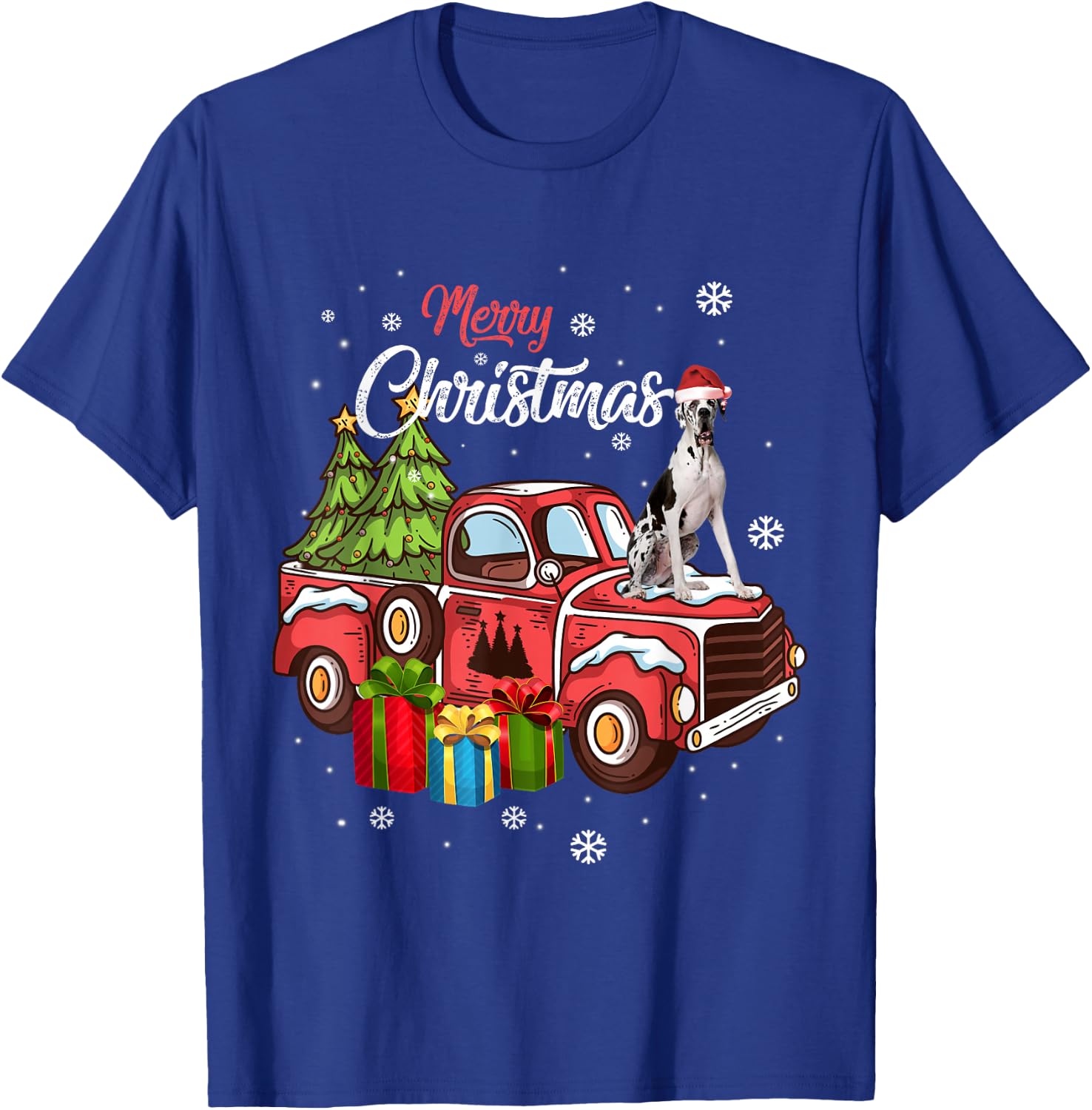Great Dane Riding Red Truck Xmas Merry Christmas T-Shirt - T-Shirt | Royal