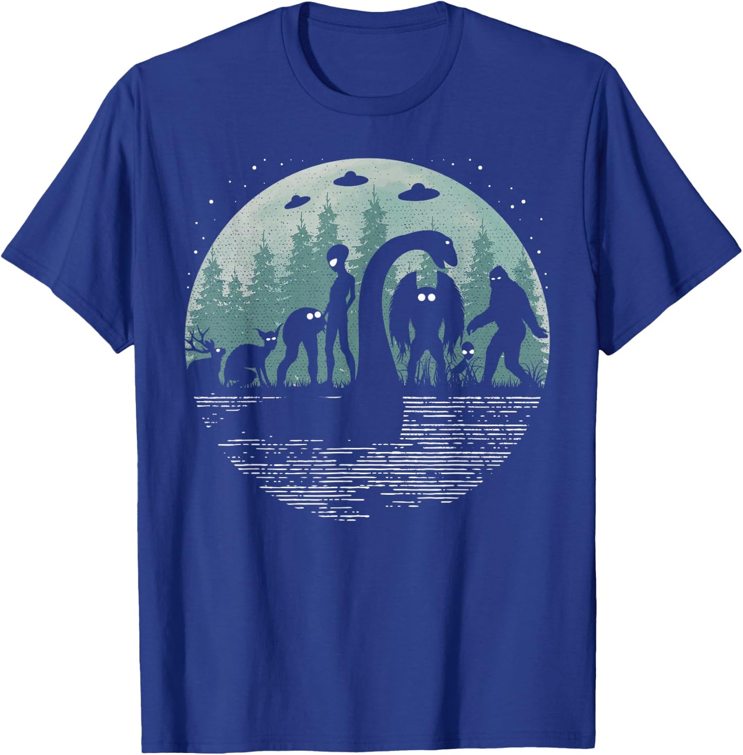 Bigfoot Loch Ness Monster With Mothman Aliens! Funny Cryptid T-Shirt - T-Shirt | Royal