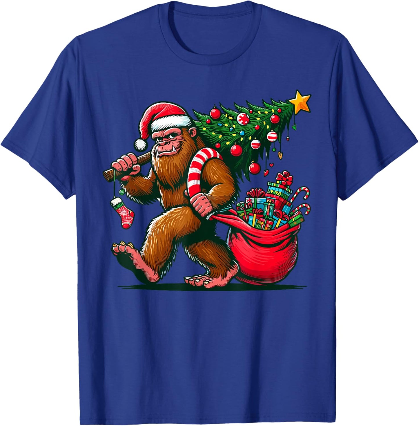 Bigfoot Christmas Tree Lights Xmas Sasquatch - -Adults, Kids - Blue - Small - Short Sleeve - - Cartoon Pattern - Winter T-Shirt - T-Shirt | Royal