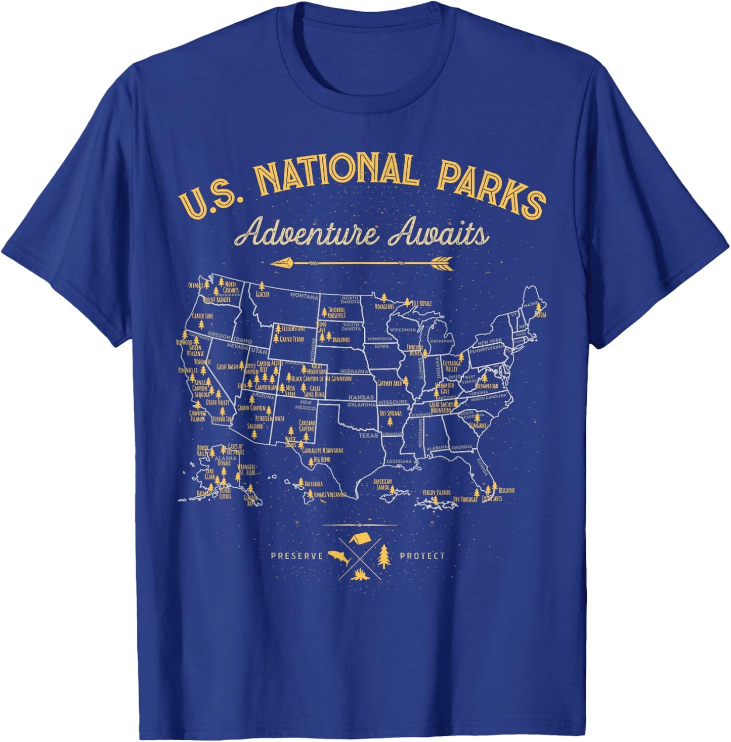 62 National Parks Map Gifts US Park Vintage Camping Hiking T-Shirt - T-Shirt | Royal