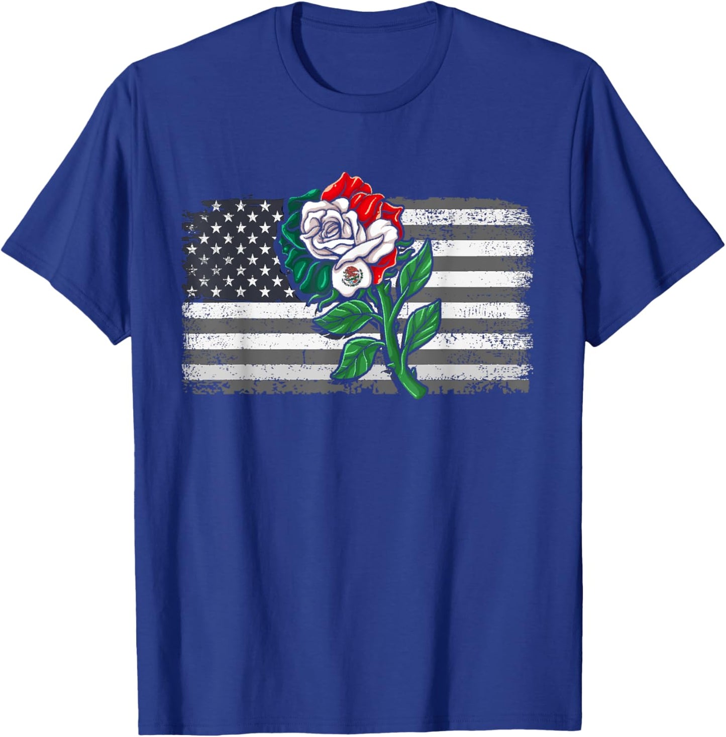 Mexico US Flag Mexican Flag American Flag Rose T-Shirt - T-Shirt | Royal