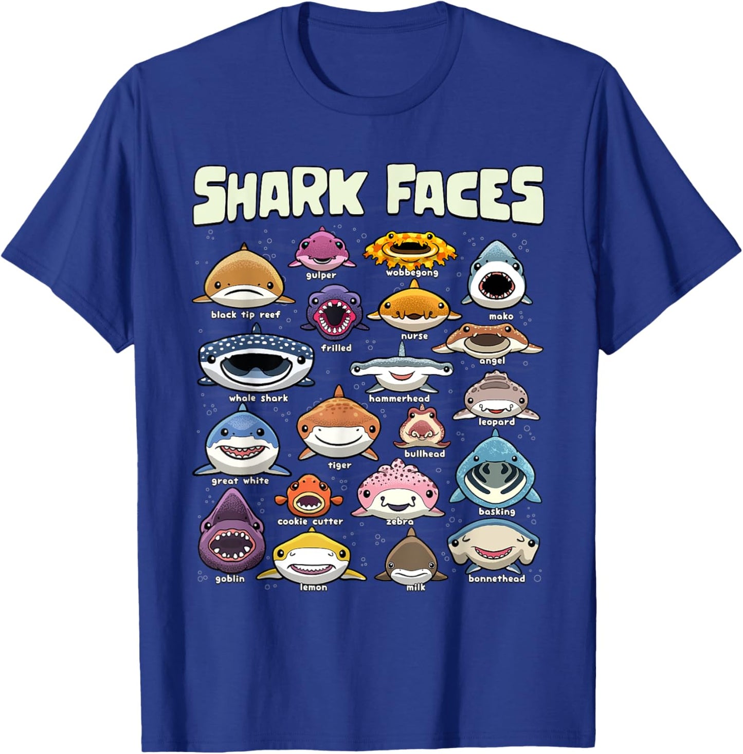 Types of Shark Faces Sea Animals of the World Shark Lover T-Shirt - T-Shirt | Royal