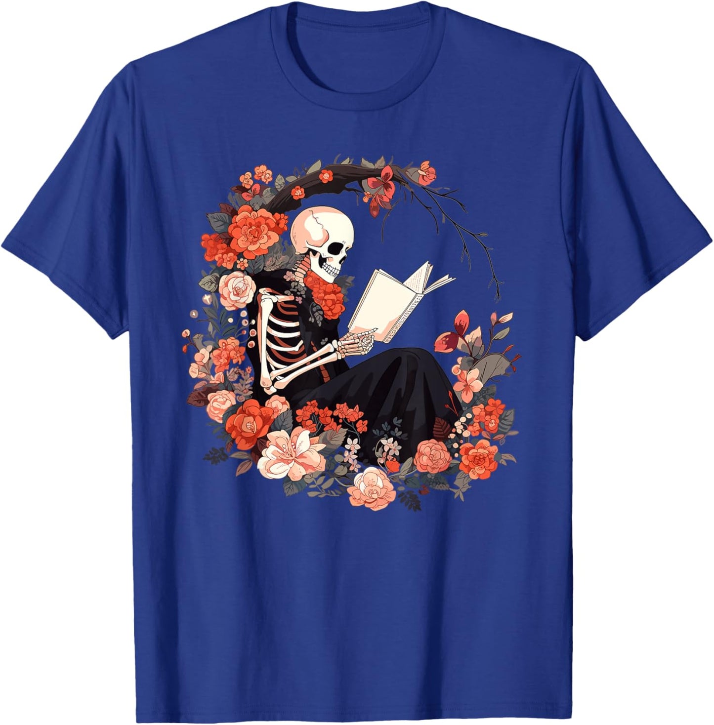 Skeleton Reading Book Lover Floral Flowers Bookish Bookworm T-Shirt - T-Shirt | Royal