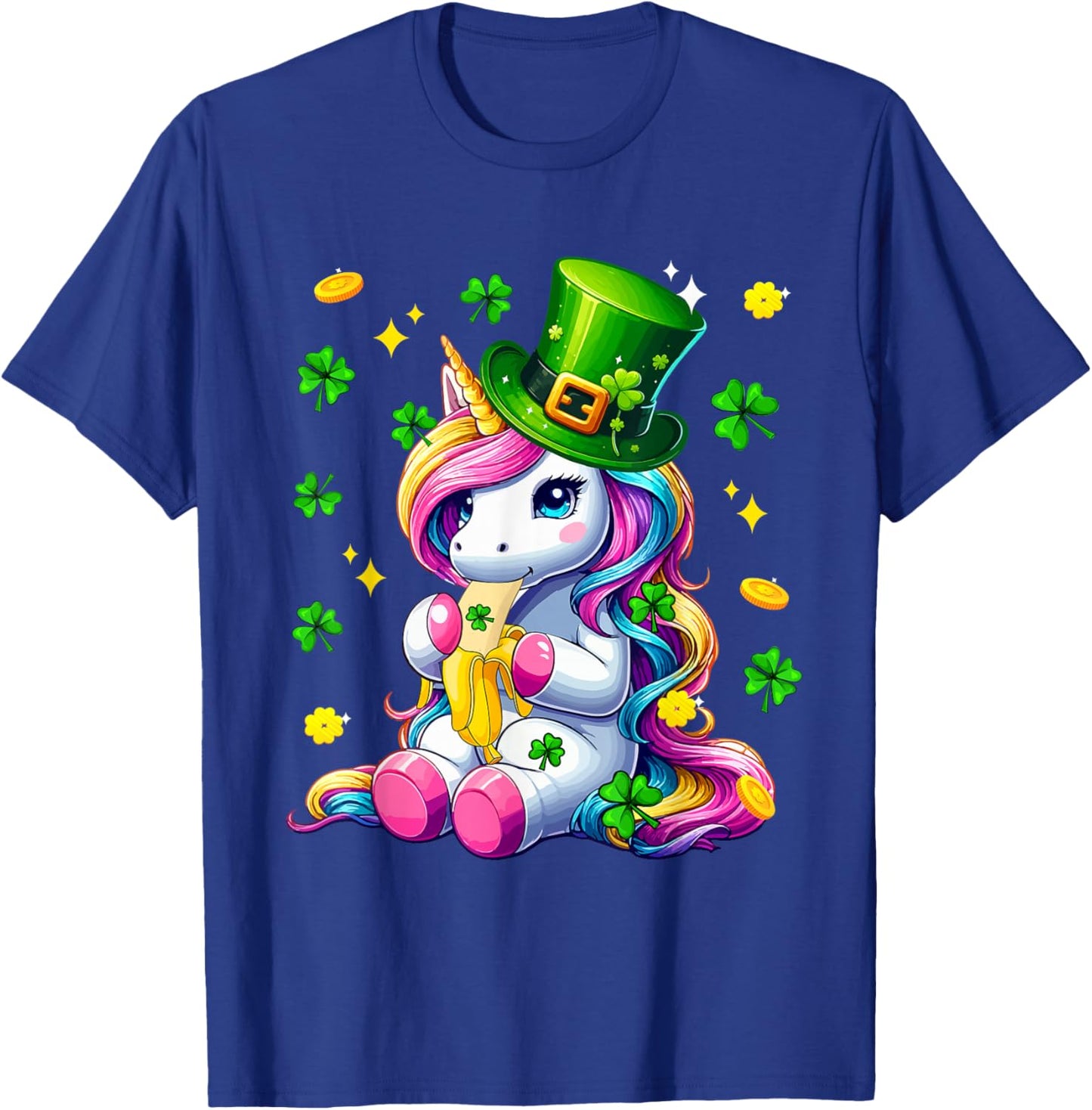 Colorful Unicorn Eating Banana St. Patrick's Day Shamrocks T-Shirt - T-Shirt | Royal