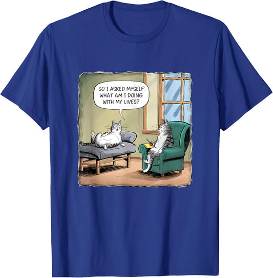 What Am I Doing With My Lives - Funny Midlife Crisis Cat T-Shirt - T-Shirt | Royal