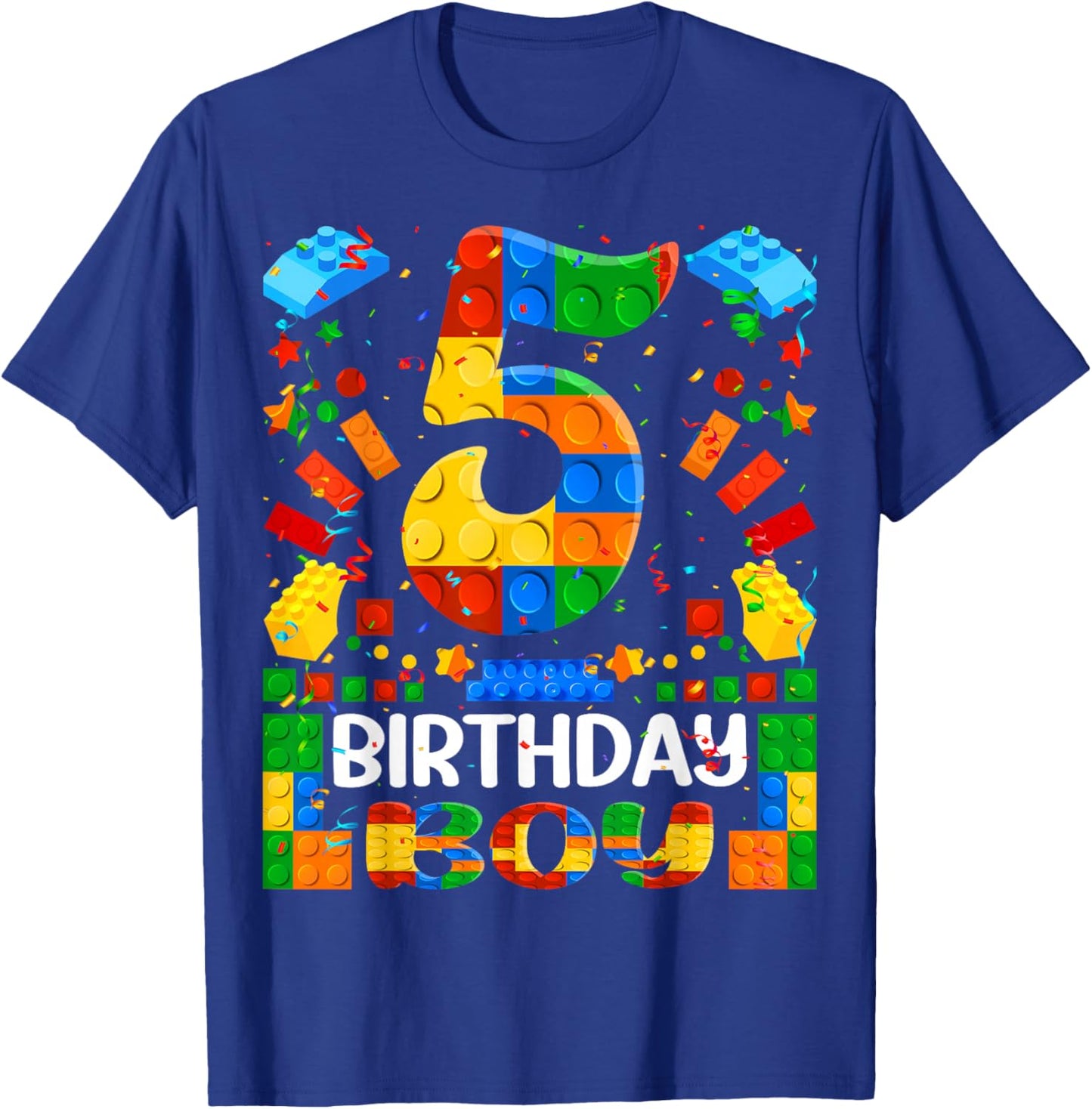 5 Year Old Building Blocks 5th Birthday Boy Brick Builder T-Shirt - T-Shirt | Royal