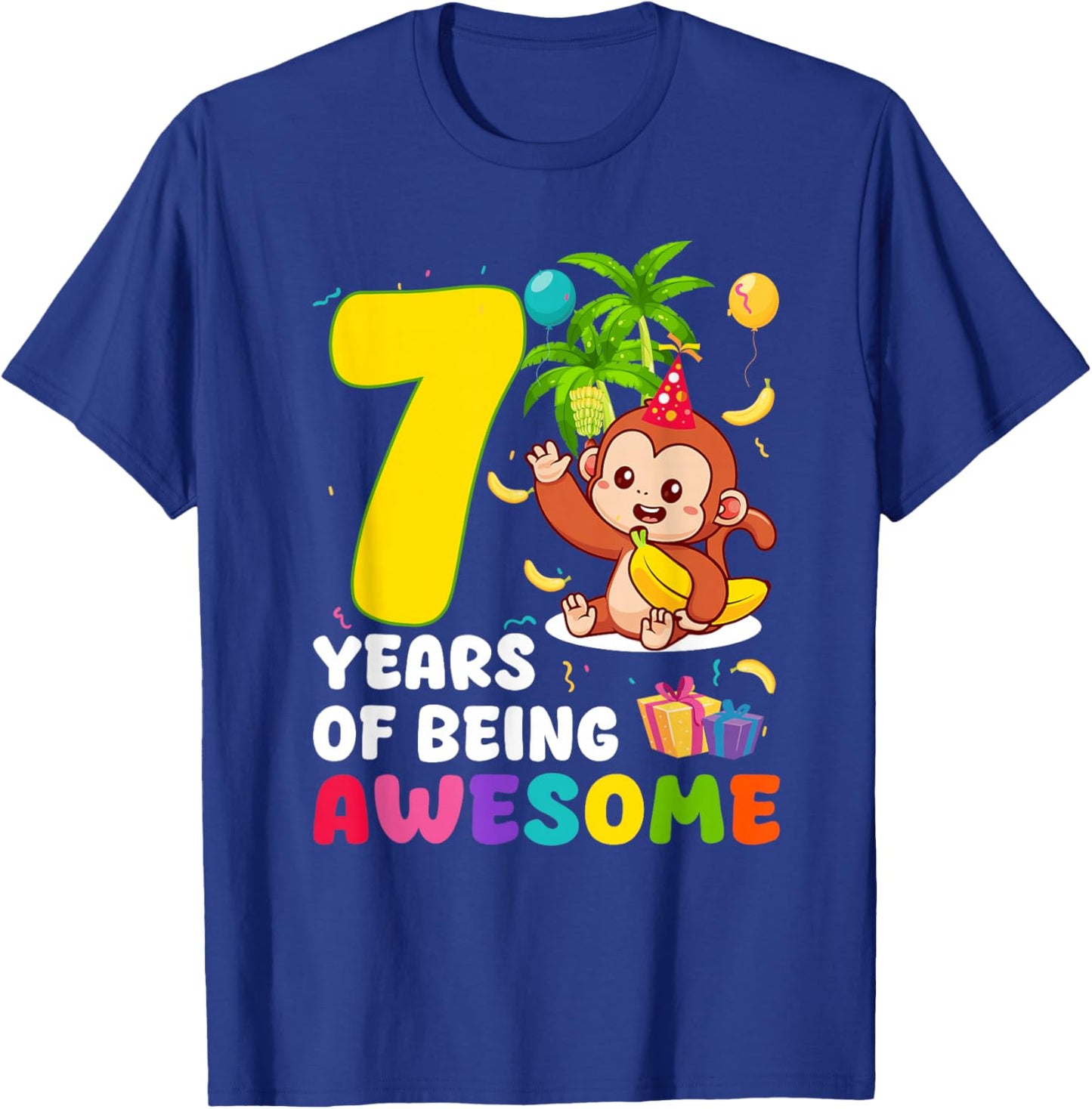 7th Birthday Monkey Themed Party 7 Years of Being Awesome T-Shirt - T-Shirt | Royal