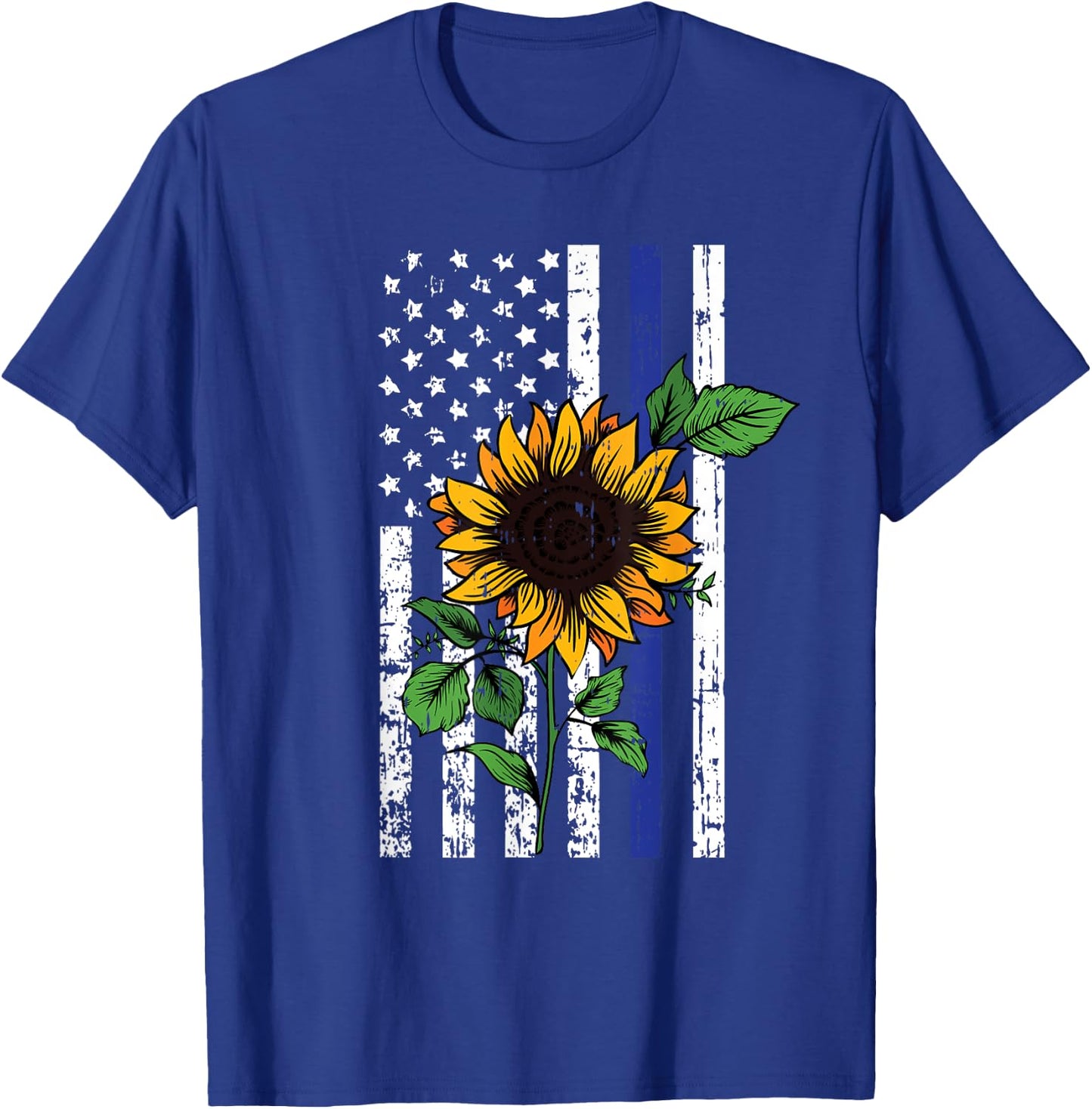 American Flag Sunflower Blue Thin Line Police Patriotic Gift T-Shirt - T-Shirt | Royal