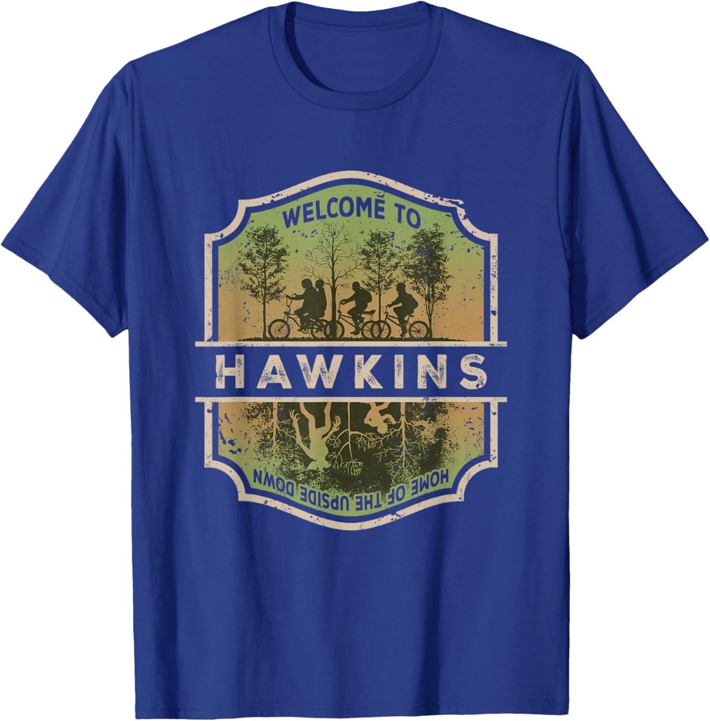 Stranger Things Welcome To Hawkins Upside Down Badge T-Shirt - T-Shirt | Royal