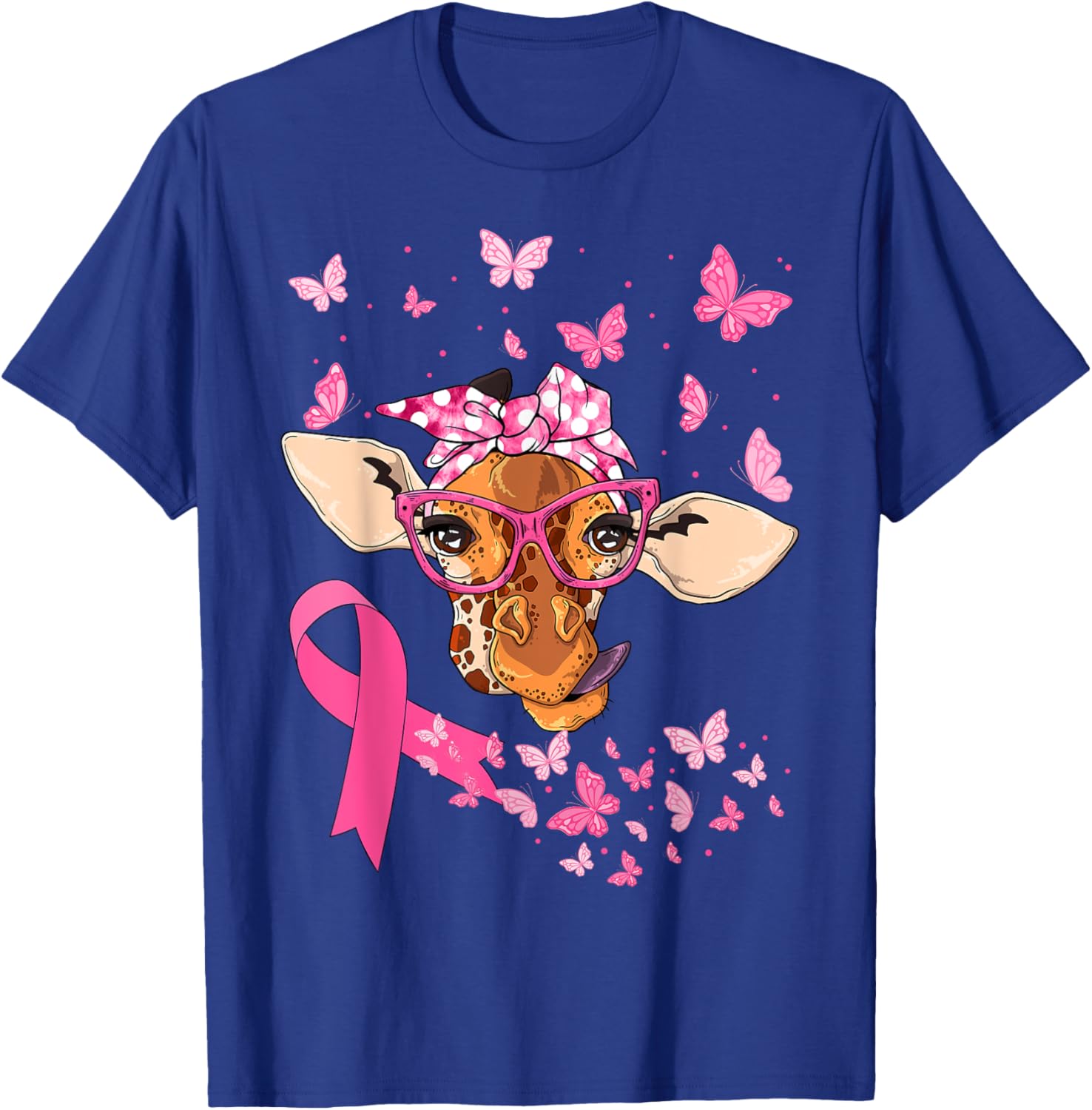 Giraffe & Bandana Pink Ribbon Breast Cancer Awareness Day T-Shirt - T-Shirt | Royal