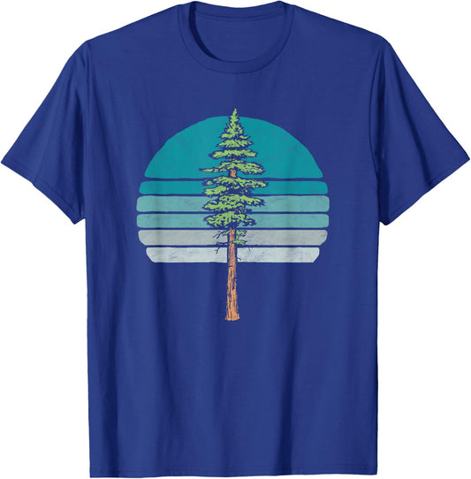 Redwood Tree & Retro Blue Sunset 80s Outdoor Graphic T-Shirt - T-Shirt | Royal