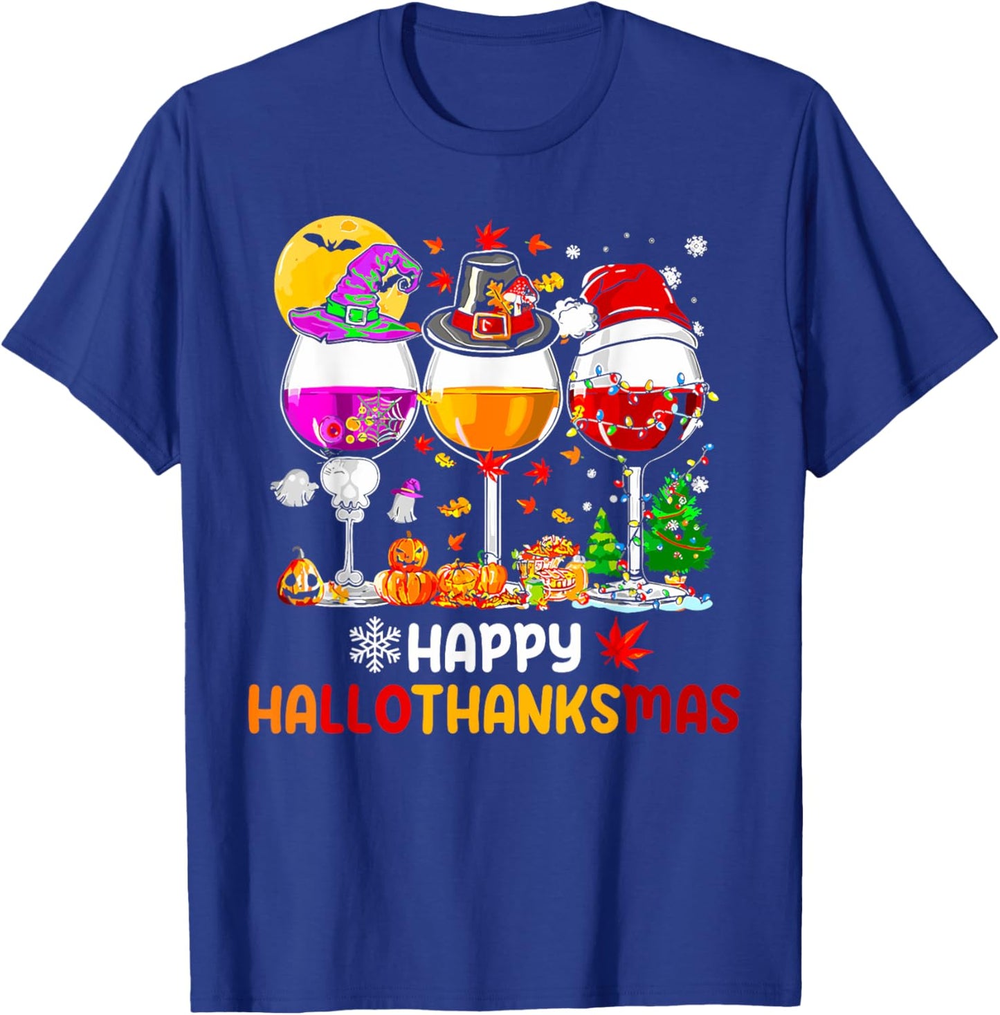 Happy Hallothanksmas Halloween Thanksgiving Christmas Fall T-Shirt - T-Shirt | Royal