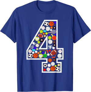 Kids 4th Birthday Sports Big Number Four 4 Year Old Boy T-Shirt - T-Shirt | Royal