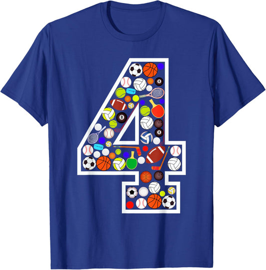 Kids 4th Birthday Sports Big Number Four 4 Year Old Boy T-Shirt - T-Shirt | Royal