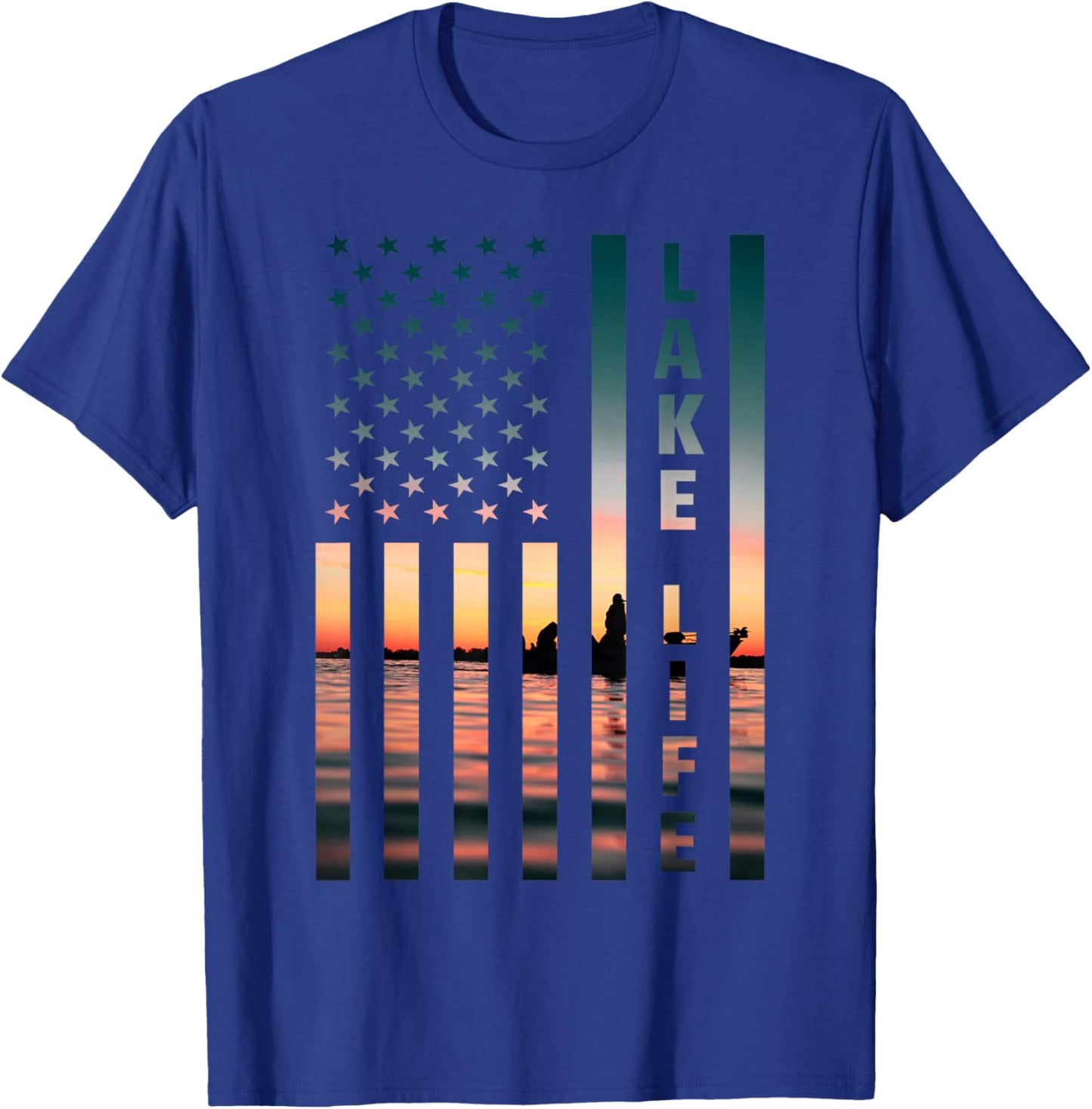 Lake Life Fisherman Sunset American Flag Bass Fishing Boat T-Shirt - T-Shirt | Royal