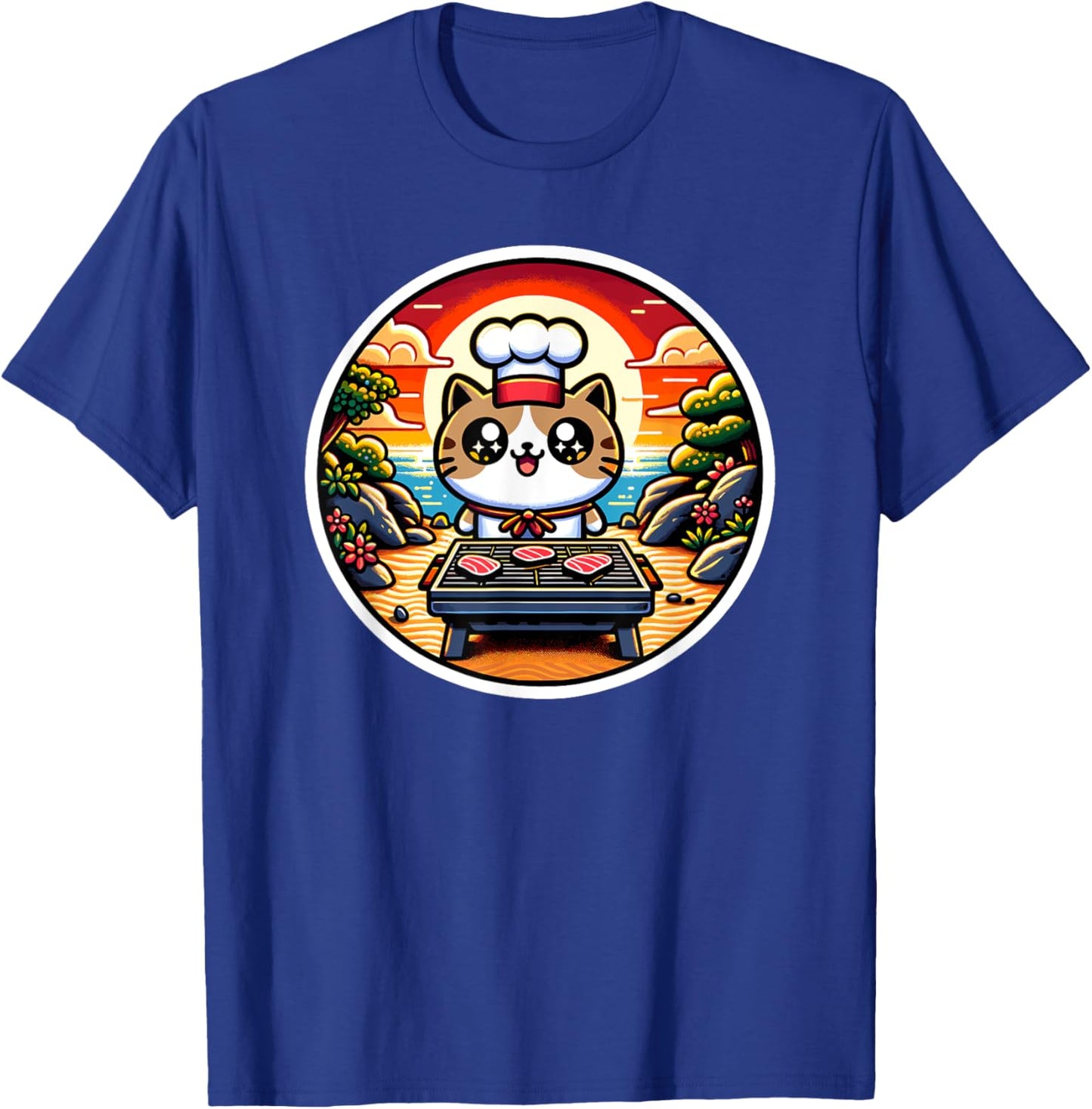 Hibachi Cat Chef, Hibachi Kids, Kawaii Cat Making Hibachi T-Shirt - T-Shirt | Royal