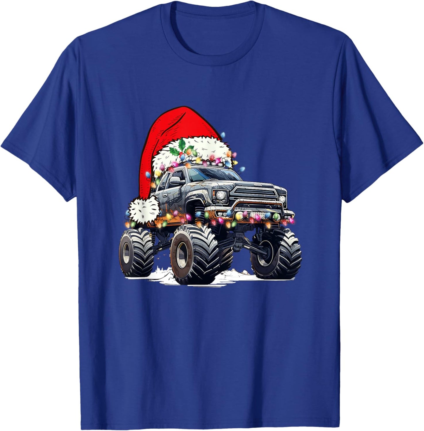 Monster Truck Christmas Tree Ornament Santa Hat Lights Xmas T-Shirt - T-Shirt | Royal