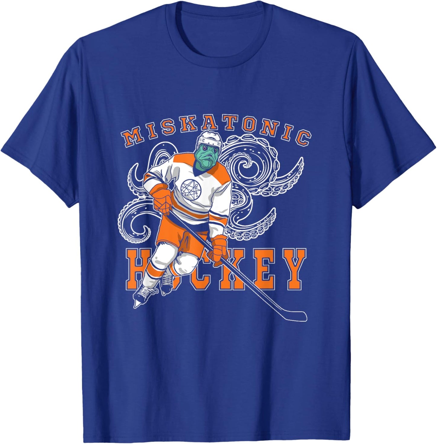 Miskatonic Hockey Sports Orange Horror Graphic On Dark T-Shirt - T-Shirt | Royal