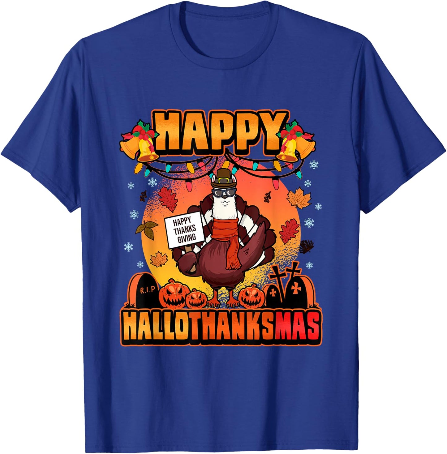 Halloween Christmas Happy Hallothanksmas Llama Turkey T-Shirt - T-Shirt | Royal