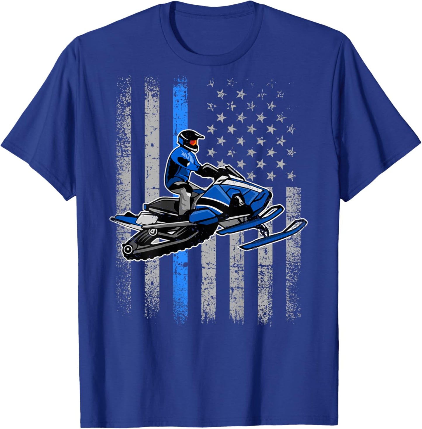 Snowmobile Riding Winter Snow USA American Flag Vintage T-Shirt - T-Shirt | Royal