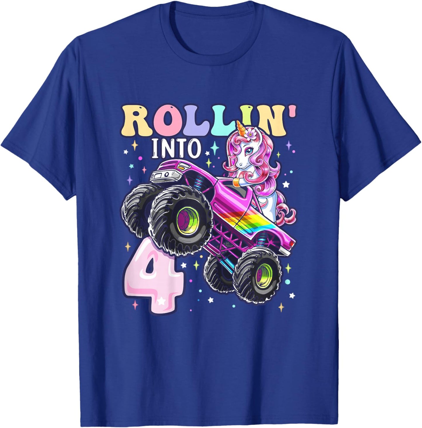 Unicorn Monster Truck 4th Birthday 4 Year Old Girls Party T-Shirt - T-Shirt | Royal