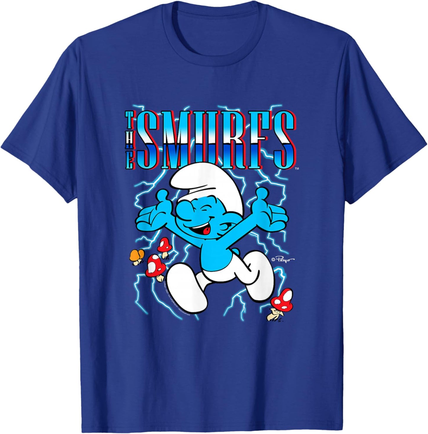 The Smurfs Chrome Logo & Mushrooms Retro Cartoon T-Shirt - T-Shirt | Royal
