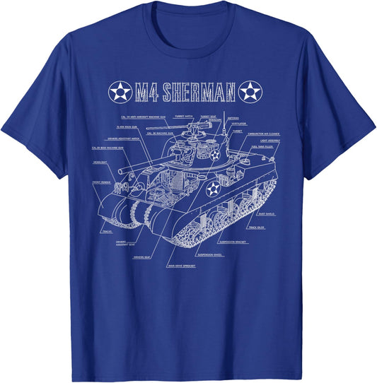 World War 2 American Tank M4A3 Sherman blueprint T-Shirt - T-Shirt | Royal
