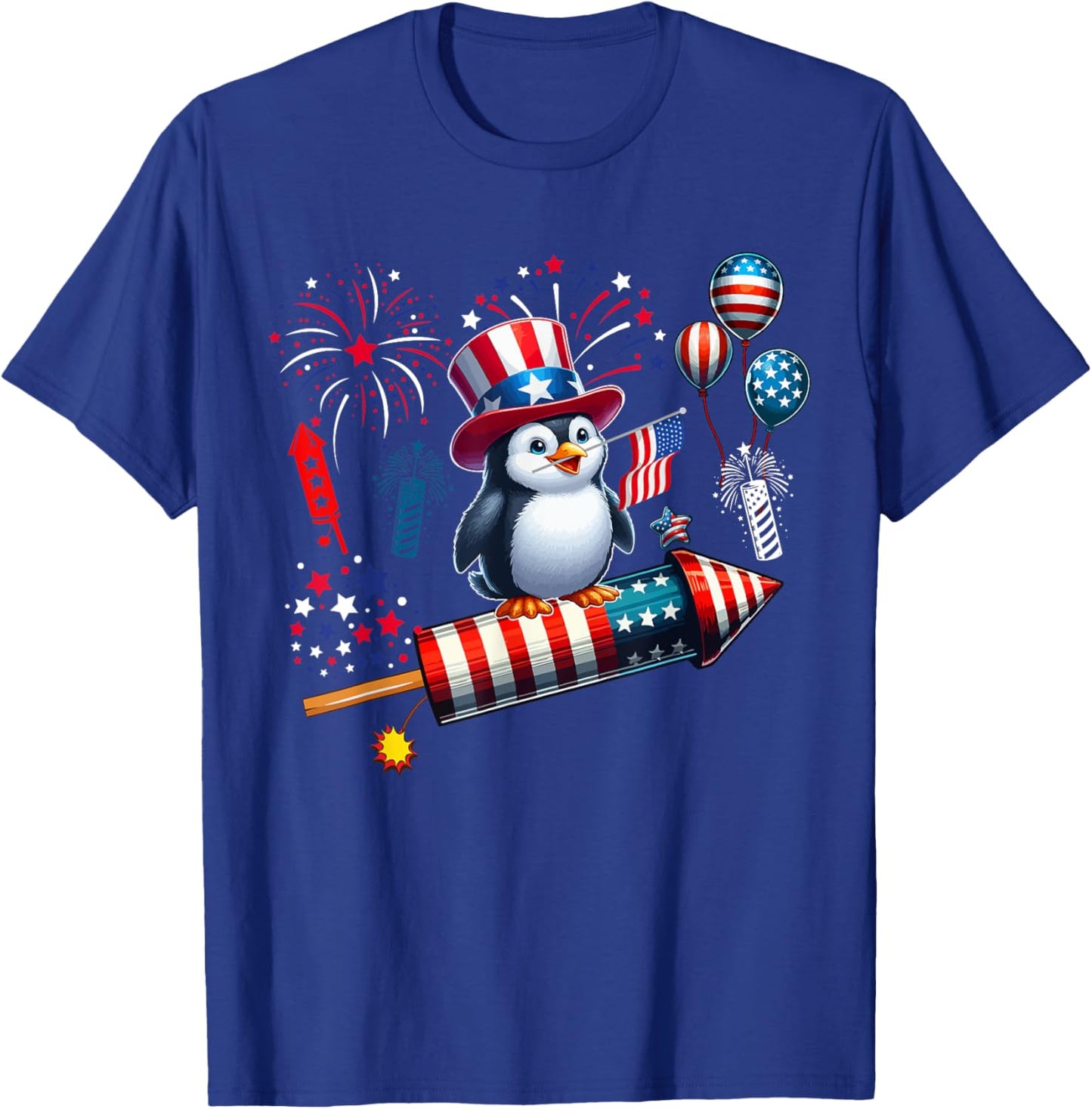 Penguin Riding Firecracker 4th Of July Bird Proud Flag T-Shirt - T-Shirt | Royal