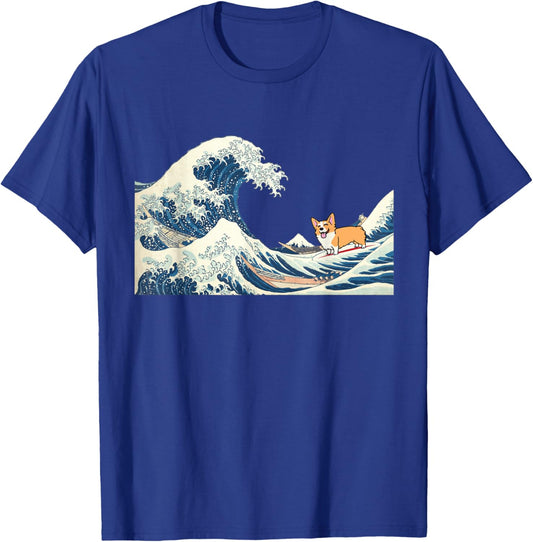 Corgi Surfing On Great Wave Vintage Ocean T-Shirt - T-Shirt | Royal