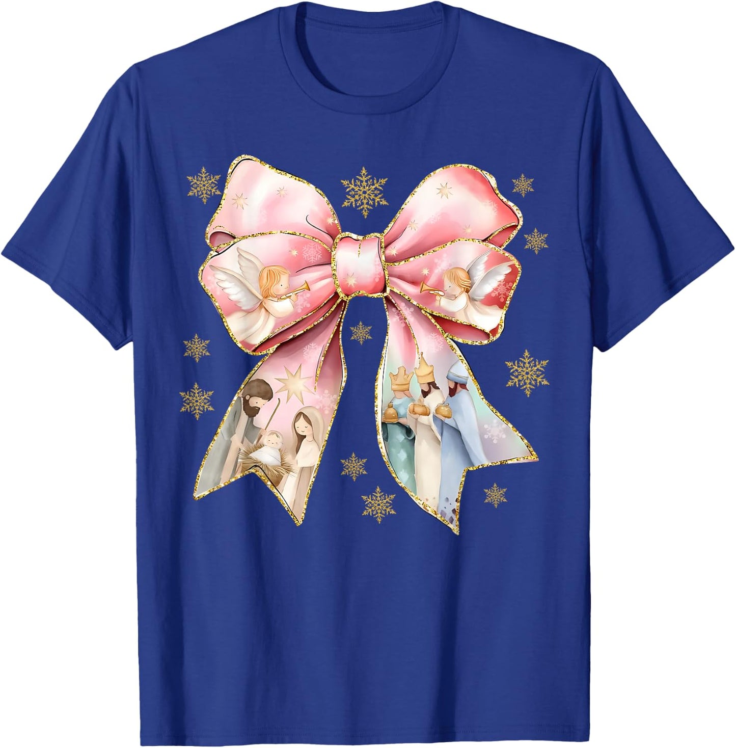 Cute Coquette Bow Baby Jesus Nativity Scene Christian Xmas T-Shirt - T-Shirt | Royal