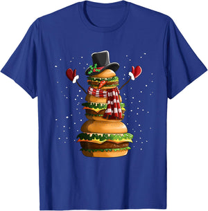 Snowman Made Of Burgers Cheeseburger Fast Food Christmas T-Shirt - T-Shirt | Royal