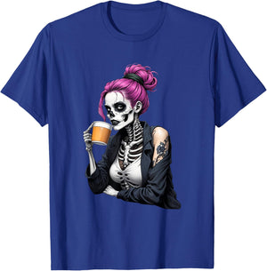Spooky Halloween Skeleton Messy Bun Drinking Coffee Women T-Shirt - T-Shirt | Royal