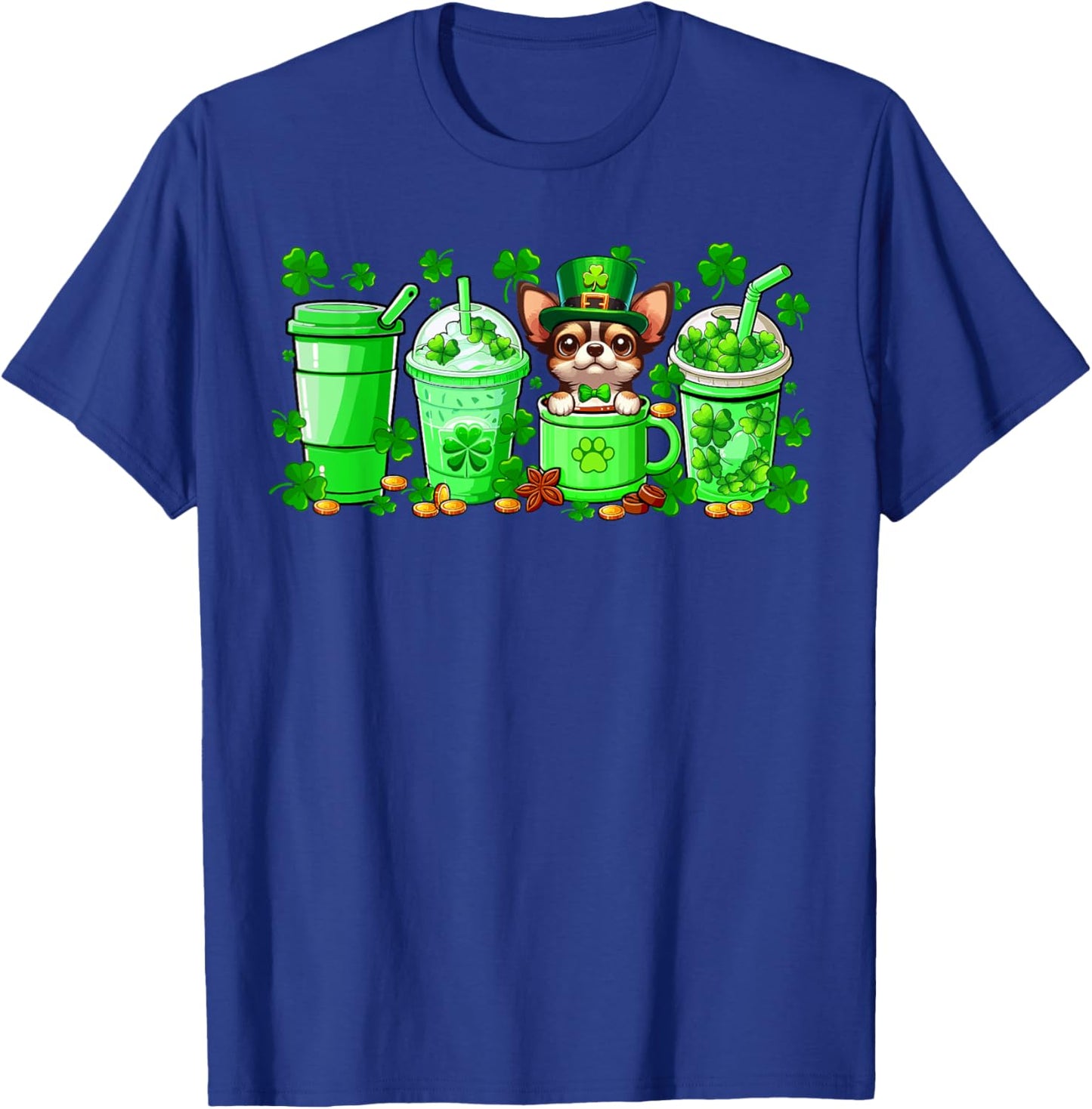 Chihuahua Inside Cup Coffees St. Patrick's Day Shamrocks T-Shirt - T-Shirt | Royal