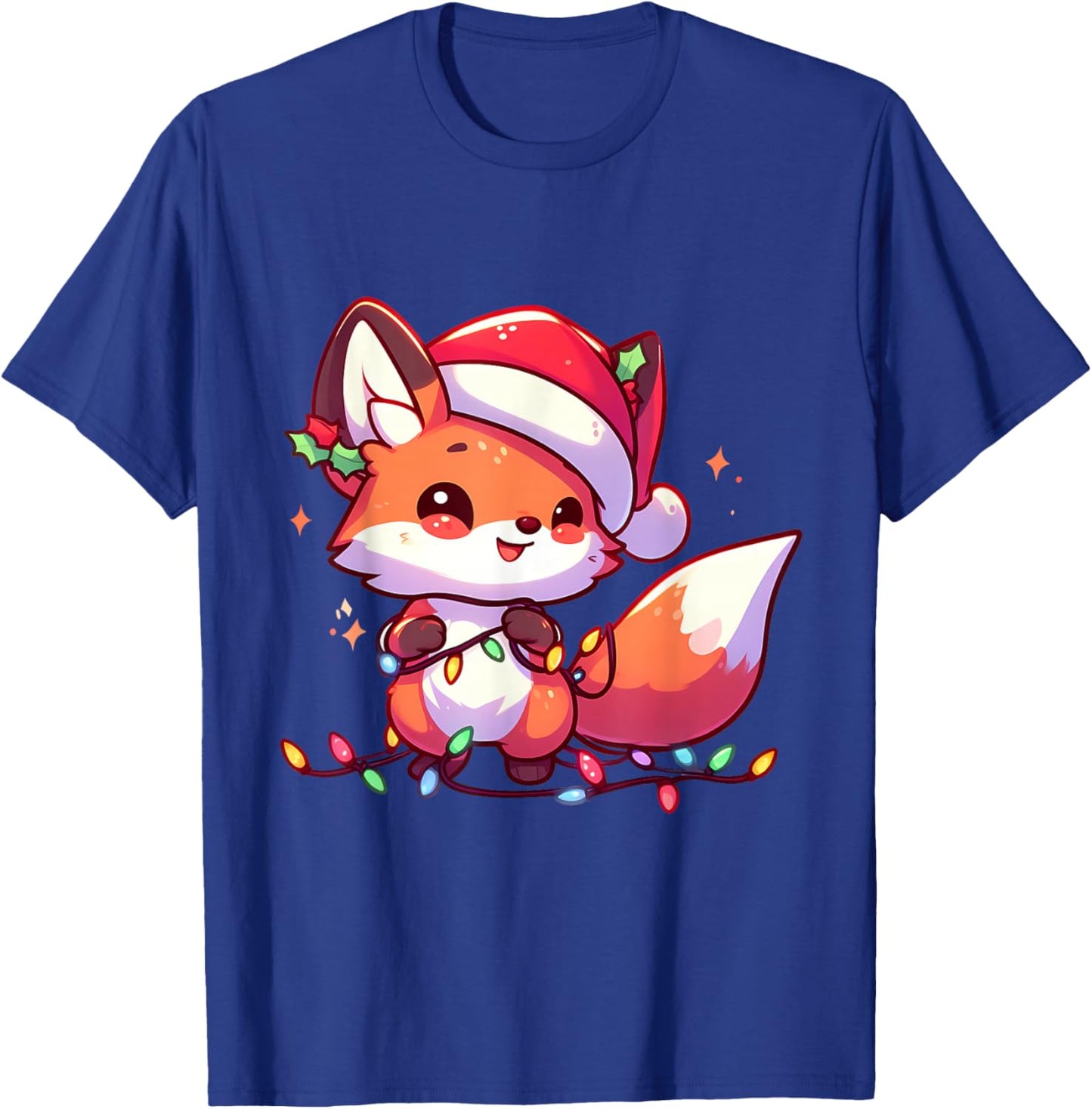 Merry Foxmas Christmas Lights Cute Fox Santa Hat T-Shirt - T-Shirt | Royal
