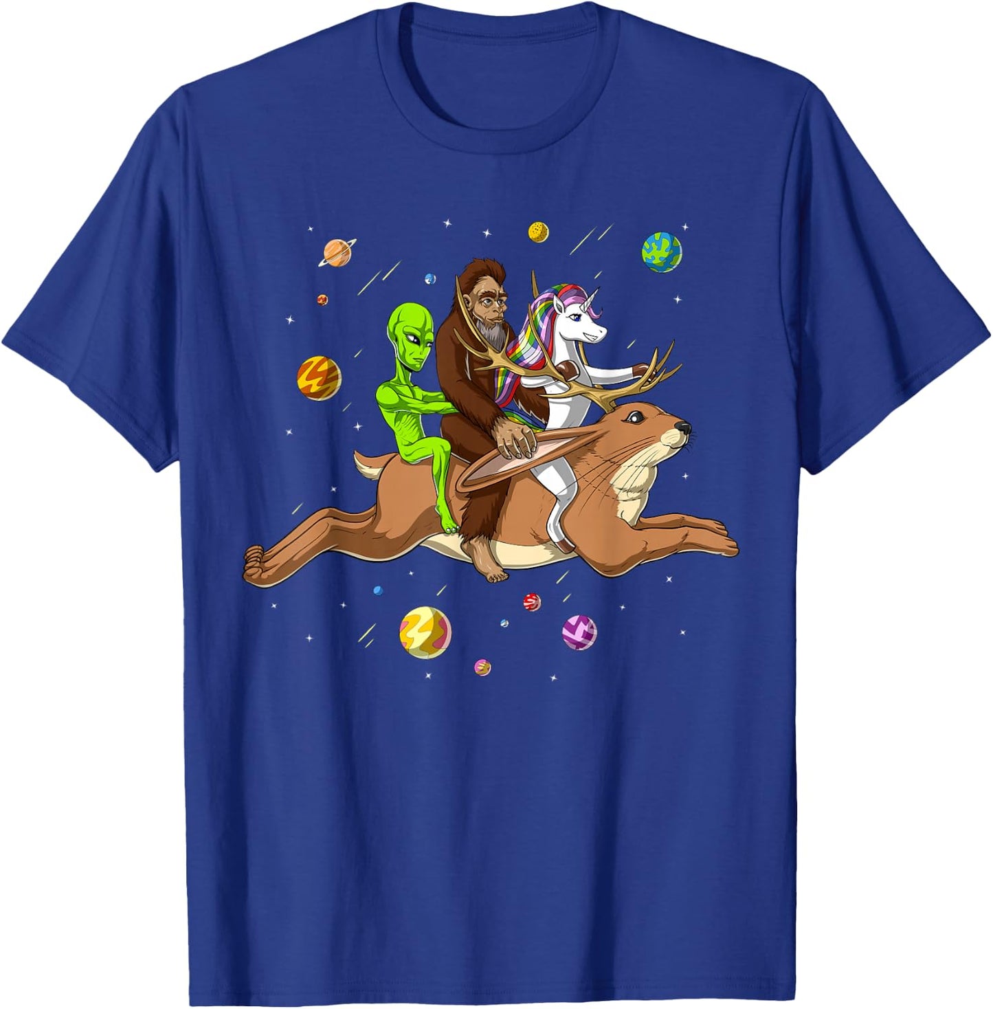 Alien Bigfoot Unicorn Riding Jackalope Cryptozoology Cryptid T-Shirt - T-Shirt | Royal