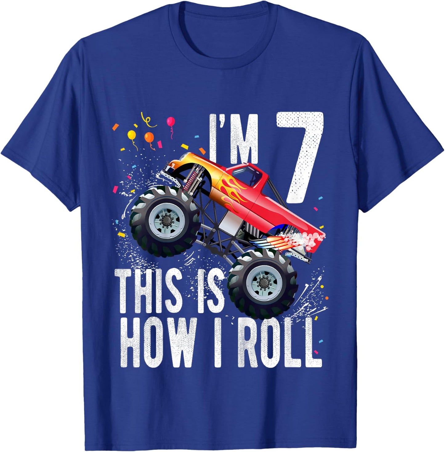 Kids 7 Year Old Shirt 7th Birthday Boy Monster Truck Car T-Shirt - T-Shirt | Royal