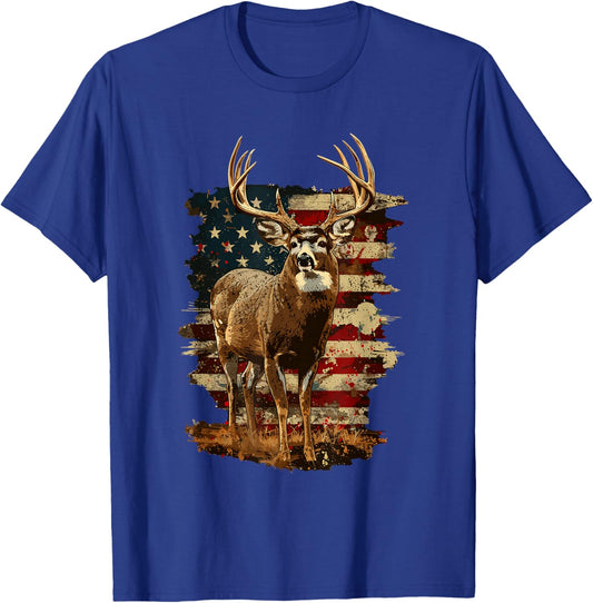 Whitetail Buck Deer Hunting 4th of July USA American Flag T-Shirt - T-Shirt | Royal