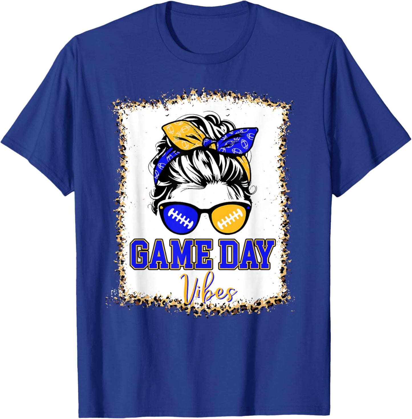 Blue Gold Game Day Vibes Football Women Leopard Print T-Shirt - T-Shirt | Royal