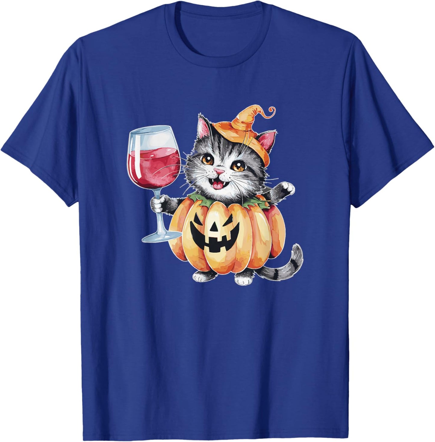 Cute Pumpkin Cat Wine Glass Halloween Cats Trick Or Treat T-Shirt - T-Shirt | Royal